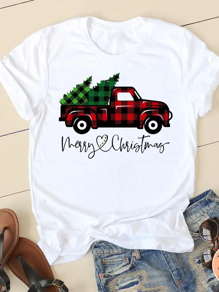 

Plaid Truck Letter Happy New Year Female Women Clothes Prints O-neck Graphic T-shirt Christmas Lady Casual Fashion Shirt Tee