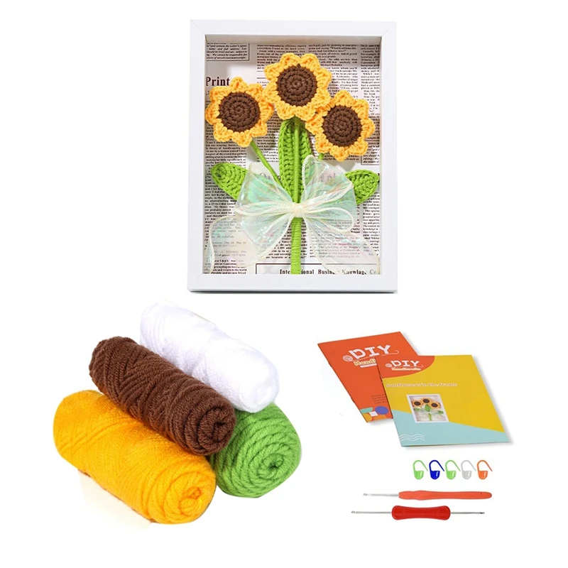 

1Set Crochet Kits For Beginners With Step-By-Step Video Tutorials Sunflower Bouquet Photo Frame Kits Crochet Startr Kit