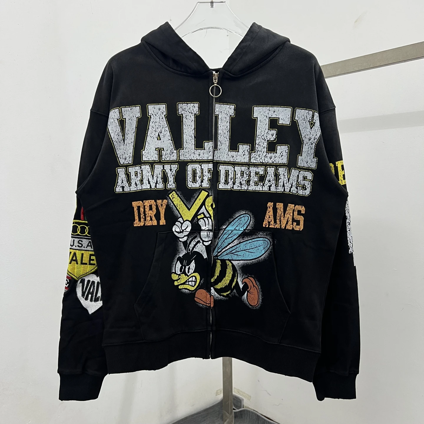 

VForeve American Street Sle Hooded Zipper Sweatirt Men's Vintage Heavy Embroidery Jaet Loose Fit Autumn Winter Warm