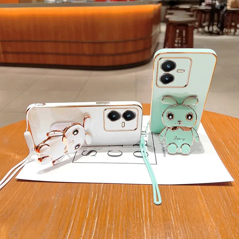 Phone Case For Vivo Y22S Y22 2022 Luxury Plating Square Rabbit Holder With Landyard Phone Case Cover