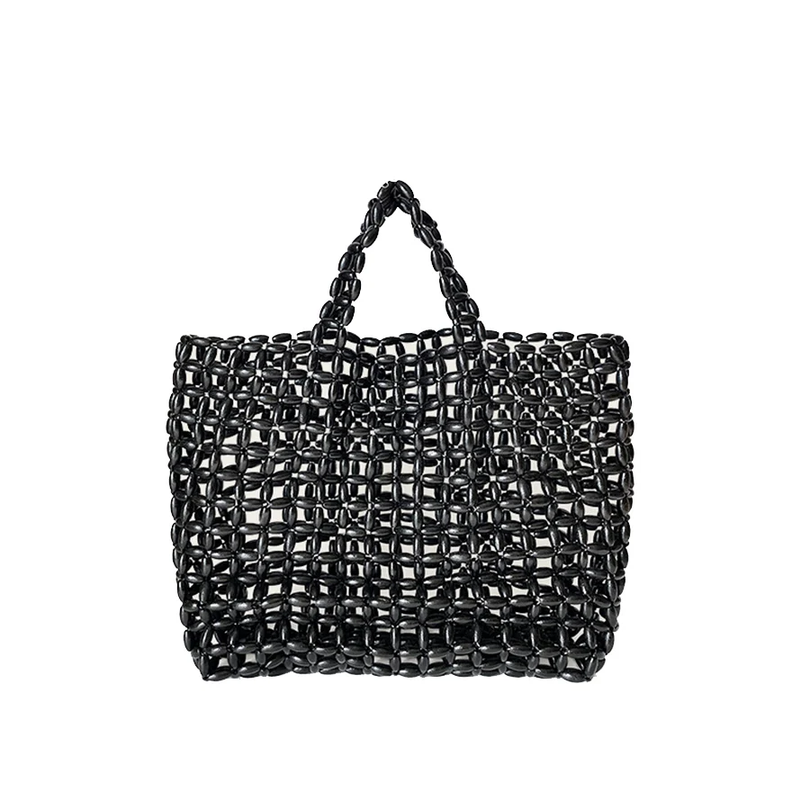 

Summer Handmade Beaded Shoulder Bag Hollow-out Wooden Bead Tote French Woven Bucket Bag Net Design Handbags Clutch Purse Black