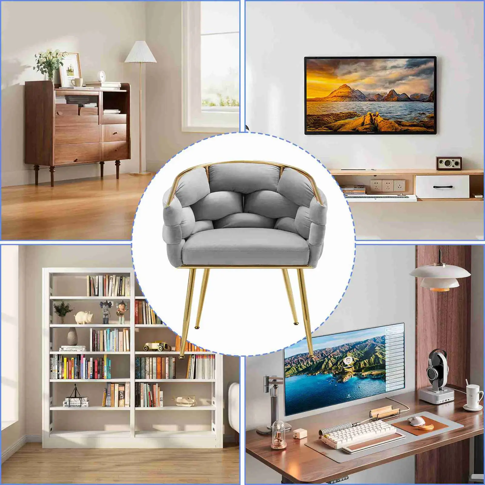 

Accent Chair Elegant French Weave Comfortable Living Room Lounge Chair Armchair With Metal Legs for Reading Bedroom Light Gray