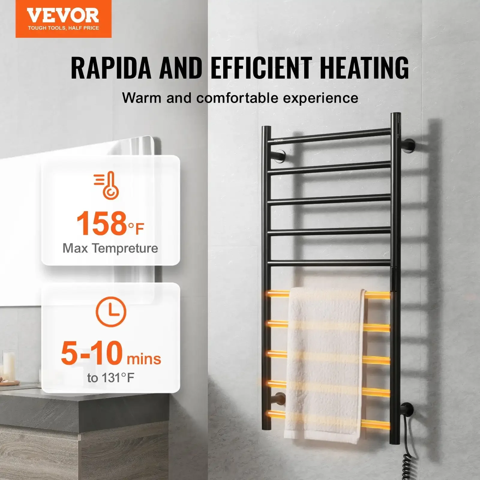 

10-Bar Towel Warmer Rack Wall Mounted Heated Towel Rack for Bathroom