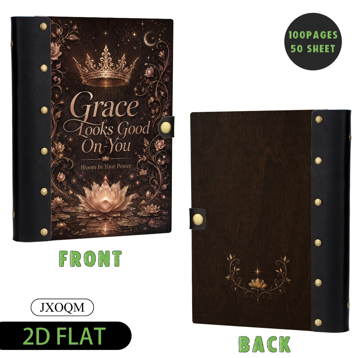 1PC Crown Lotus Grace Looks Good On You Wooden Hardcover Loose Leaf Notebook, 2D Flat Vintage Style, 6-Hole Metal Binder