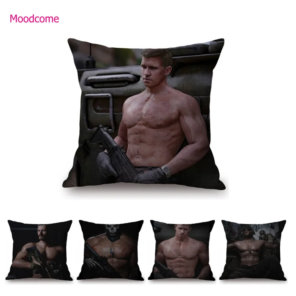 Dark Color Muscular Sexy Solider Man Game Character Army Guy Cold Tone Decoration Art Linen Chair Cushion Cover Pillow Case