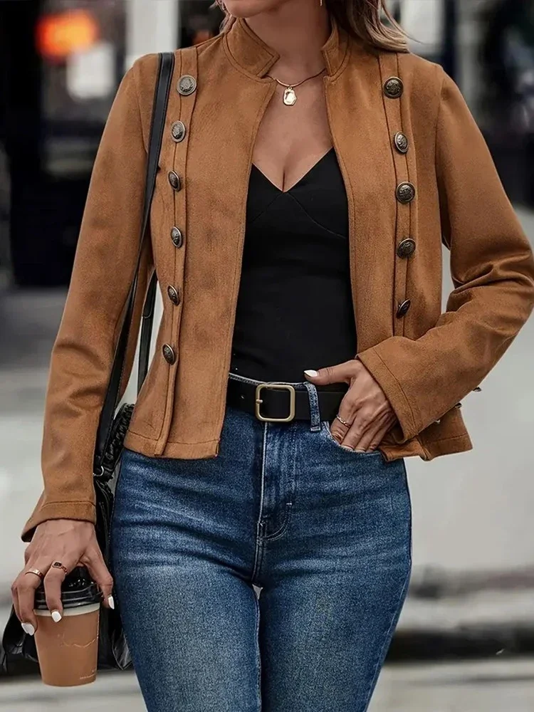 Vintage falso camurça gola jaqueta feminina casaco outono inverno casual aberto frente botão decoração casacos moda feminina jaquetas