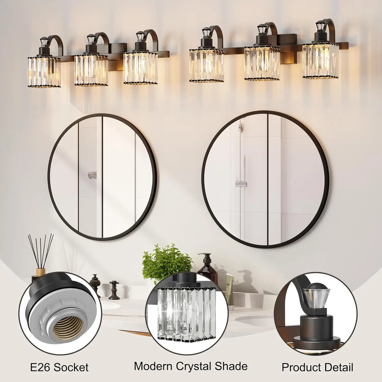 تركيبات إضاءة الحمام الغرور تركيبات إضاءة الغرور الكريستالية الحديثة فوق المرآة 3 أضواء الإضاءة المثبتة على الحائط مع غطاء مربع