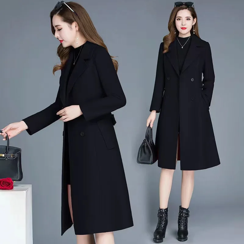 2024 Women‘s Coat Winter Korean Fashion Long Coated Thickened Woolen Winter Coat for Women Black Coat Harajuku