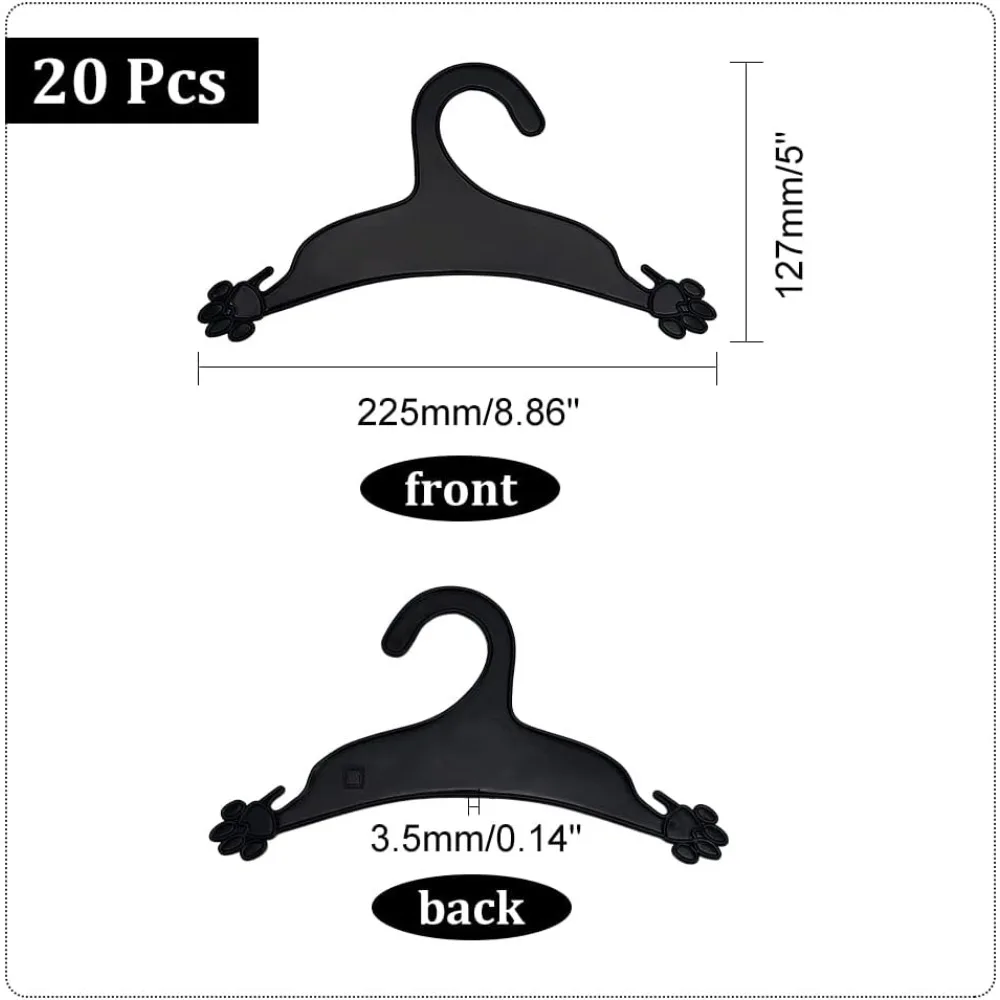 20 Packs Pet Apparel Hangers Black Pet Clothes Hangers Lovely Plastic Flexible Strong Paw Print for Dog Cat Pet Small Coat