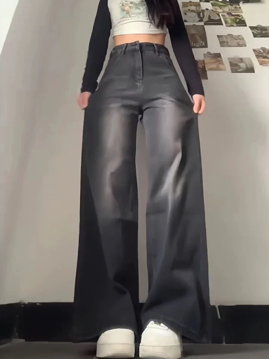 Dżinsy plus size z wysokim stanem, proste nogawki, damskie, wiosenno-jesienne, luźny krój, casualowe, szerokie nogawki, długość do podłogi.