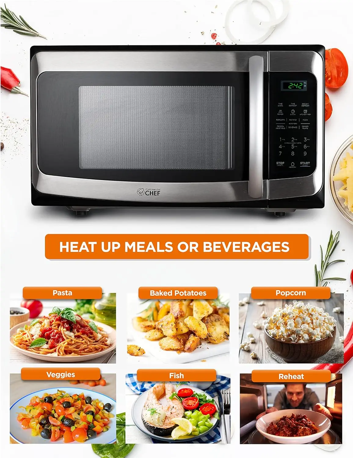 1.1 Cu Ft Microwave with 10 Power Levels, 1000W with Push Button Door Lock, Countertop Microwave with Microwave Turnta