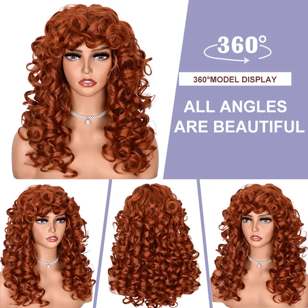 Red Brown Copper Ginger Short Curly Synthetic Wigs for Women Natural Wave Wigs with Bangs Heat Resistant Cosplay Hair HIHOO Hair