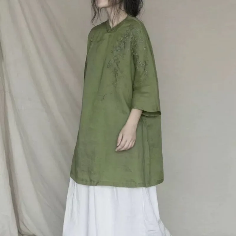 Été nouveau Style chinois femmes hauts mode rétro bouton brodé chemise femmes décontracté Camisas De Mujer