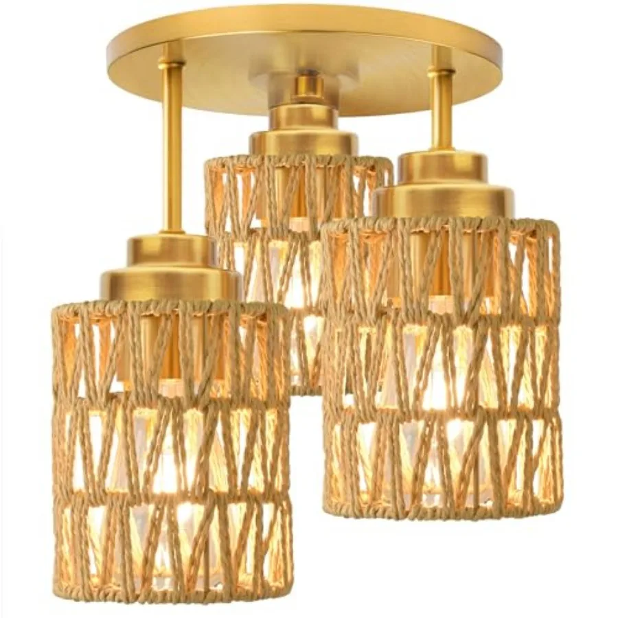 

3-Light Semi Flush Mount Ceiling Light Fixture, Boho Farmhouse Light Fixtures Ceiling Mount with Hand Woven Rattan Shade, Gold