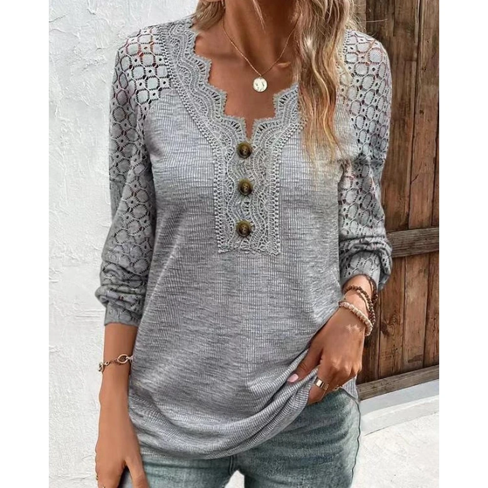 

Women Contrast Lace Sheer Mesh Hollow Out Buttoned Casual Ribbed Blouse Top Elegant Long Sleeve T Shirts Outfits Korean Style