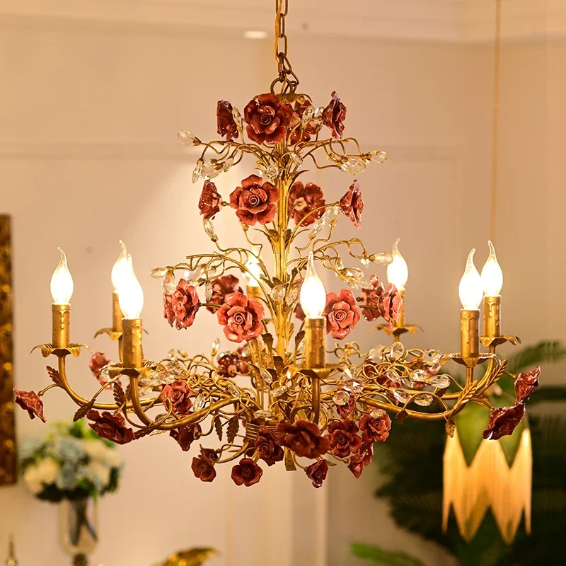 French vintage country pendant lamp - rose flower dining room candle lamp - American country children's room bedroom lamp