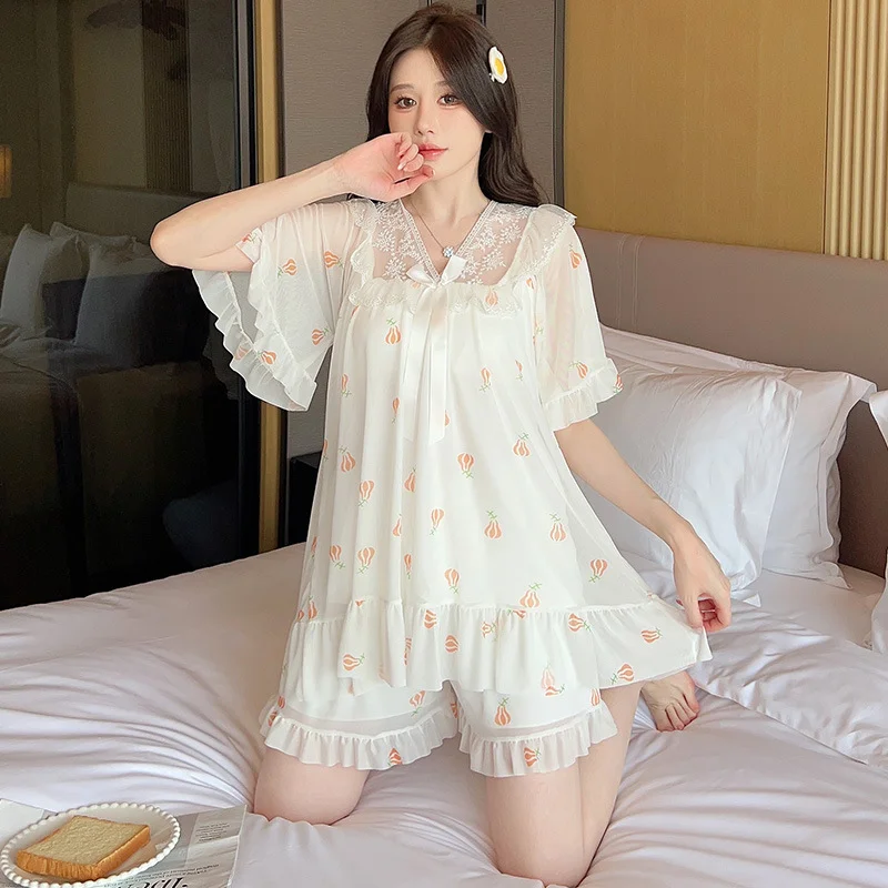 

V-neck Lace Lace Sweet And Loose Princess Style Net Tulle Short-sleeved Pajama Set Home Wear