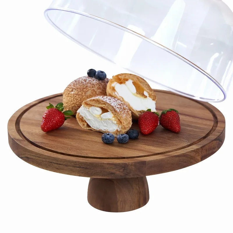 Cake tray Acacia wood snack display rack with transparent acrylic cover to try dessert plate dust-proof glass cover