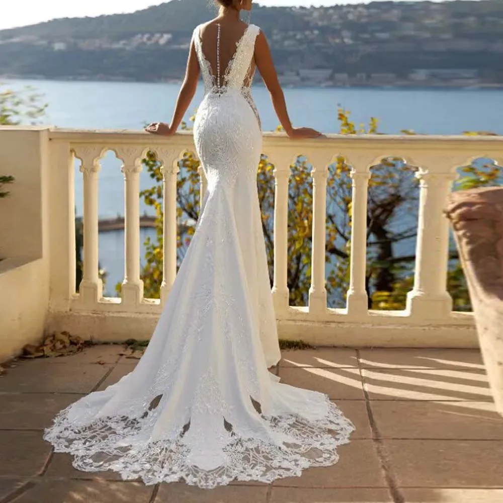 Customized Fitted Wedding dress Lace Appliques Mermaid Bridal Gown V Neck Button Back Fishtail vestidos de novia