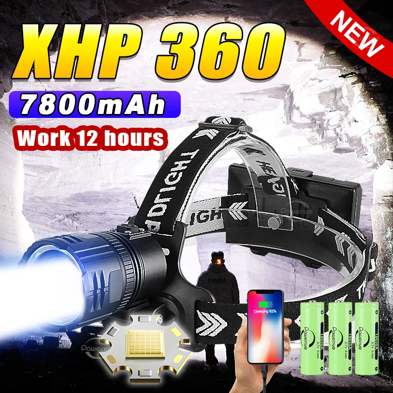 XHP360 Head Lantern 7800mAh Rechargeable Ultra Powerful LED Headlamp 12H Super Bright Head Flashlight Outdoor Fishing Headlight