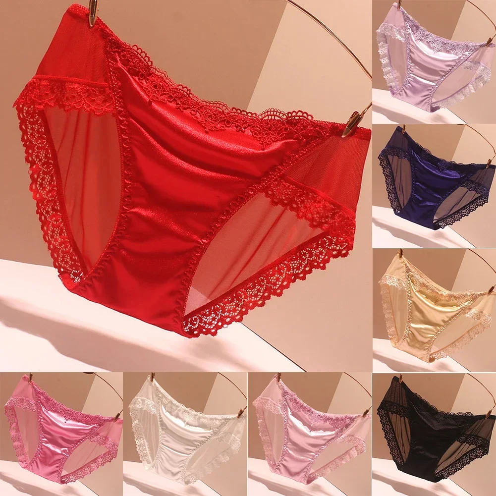 Traceless Satin Silky Briefs Women Lightweight Lace Border Panties Breathable Soft Underwear Elegant Thongs Daily Underpants