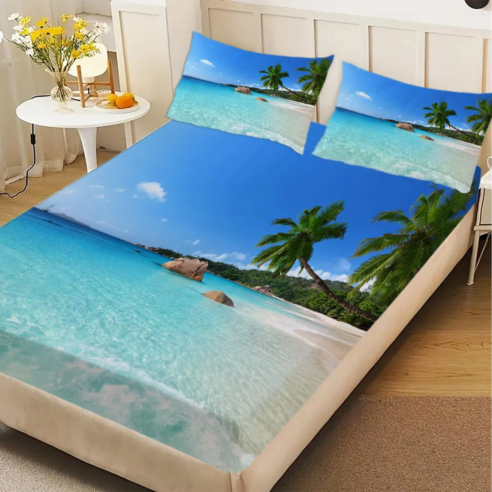 1pc Tropical Beach with Palm Trees Print Fitted Sheet Deep Pocket Elastic Mattress Cover Single Double Queen King Bedroom Decor