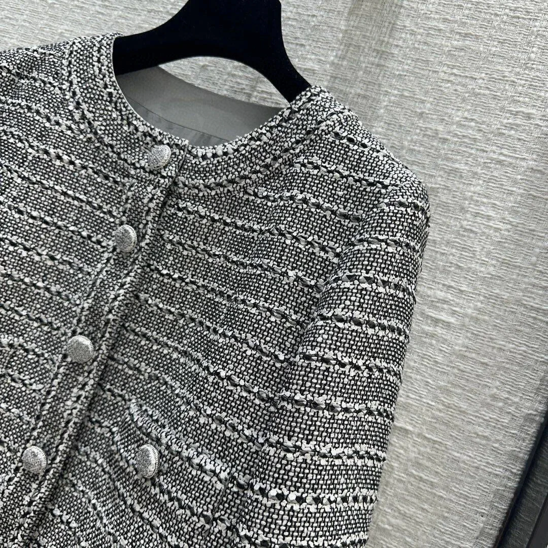 Luxury Runway Fashion Black Stripes Tweed Jacket Women Vintage O-neck Long Sleeve Single Breasted Pockets Sweet Short Coat