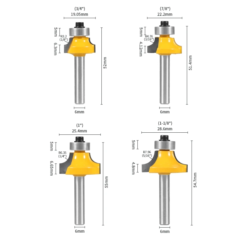 YUSUN  6MM 6.35MM Shank Corner Round Over  Router Bit Woodworking Milling Cutter For Wood  Face Mill