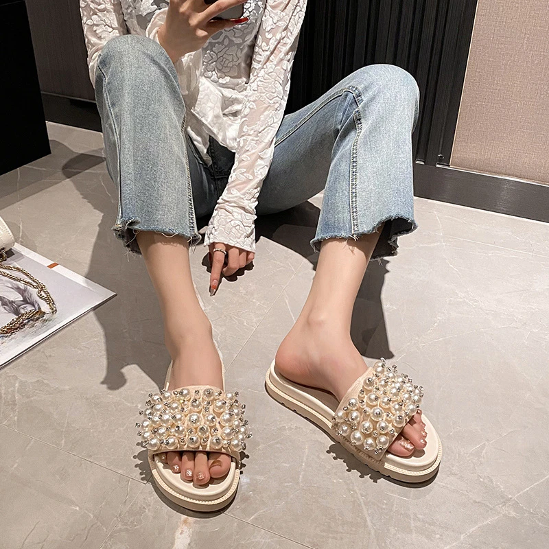 Pearl Rivets Thick Bottom Women Slippers Crystal Beading Flip Flops Lace Band Platform Sandalias Mujer Pearl Slides Big Size 43