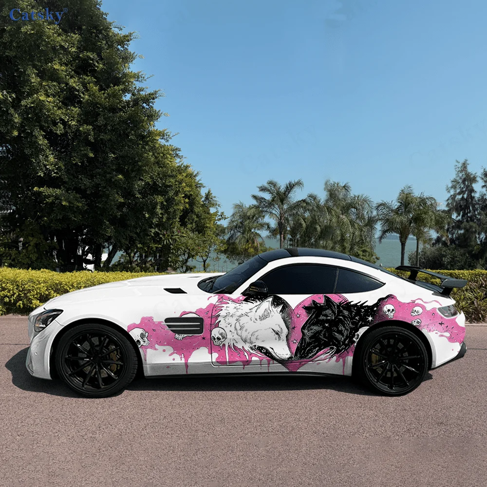 Wolf Couple Colorful Smoke Car Vinyl Wraps Decal Self-adhesive PVC Sticker Suitable for Trucks SUV Decor Auto Accessories Gift