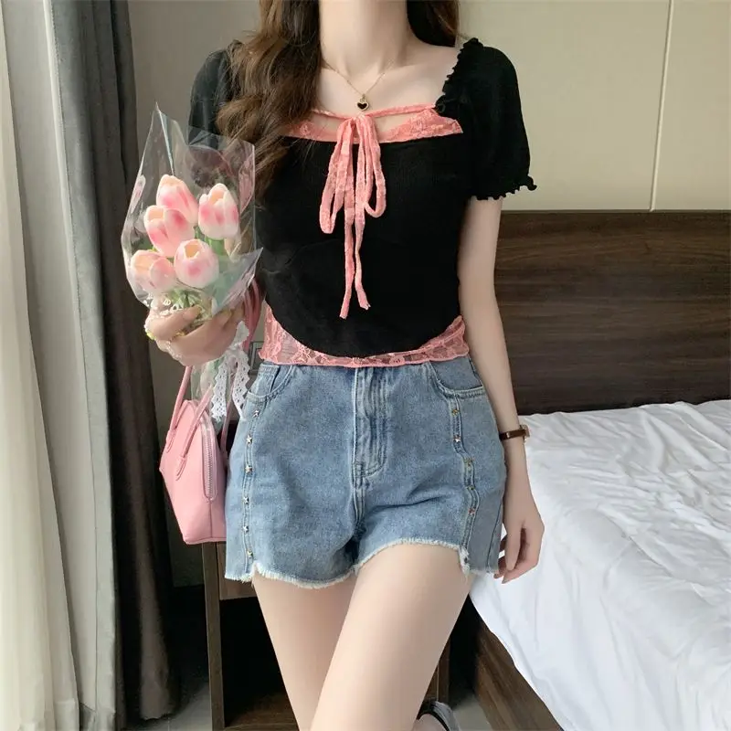 T-shirts Women Solid Lace Fake Two Pieces Simple Creativity Special All-match Summer Daily Prevalent Korean Style Delicate Sweet