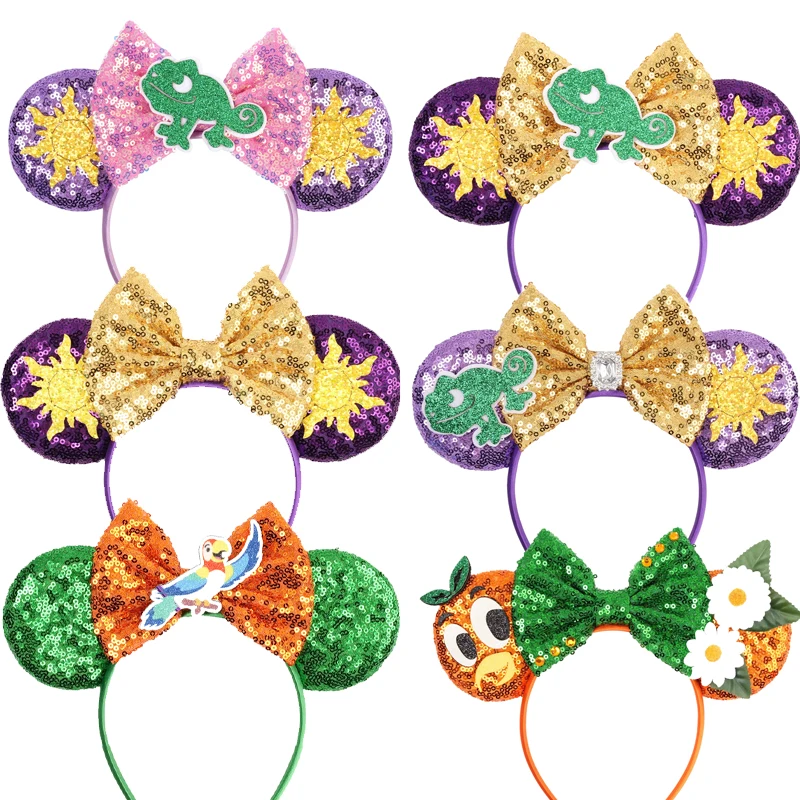 

New Mickey Mouse Rapunzel Hair Accessories Women Sun Flower Ears Headbands Kids Sequins Bow Chameleon Hairbands Tangled Headwear