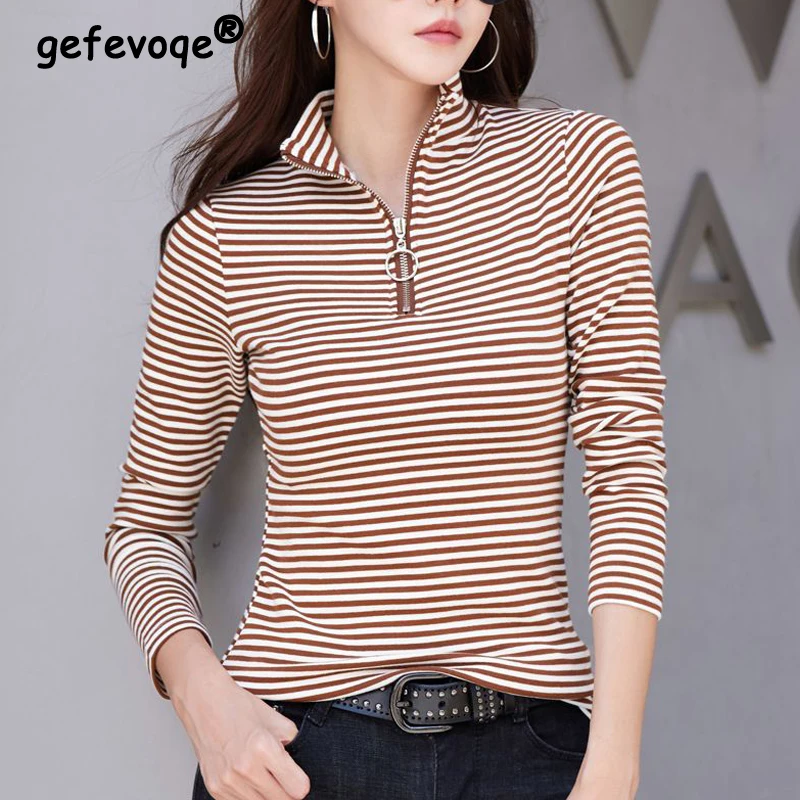 Women Korean Fashion Stand Collar Half Zipper Striped Cotton Basic T-shirt Casual Long Sleeve Slim Pullover Tops Ropa De Mujer