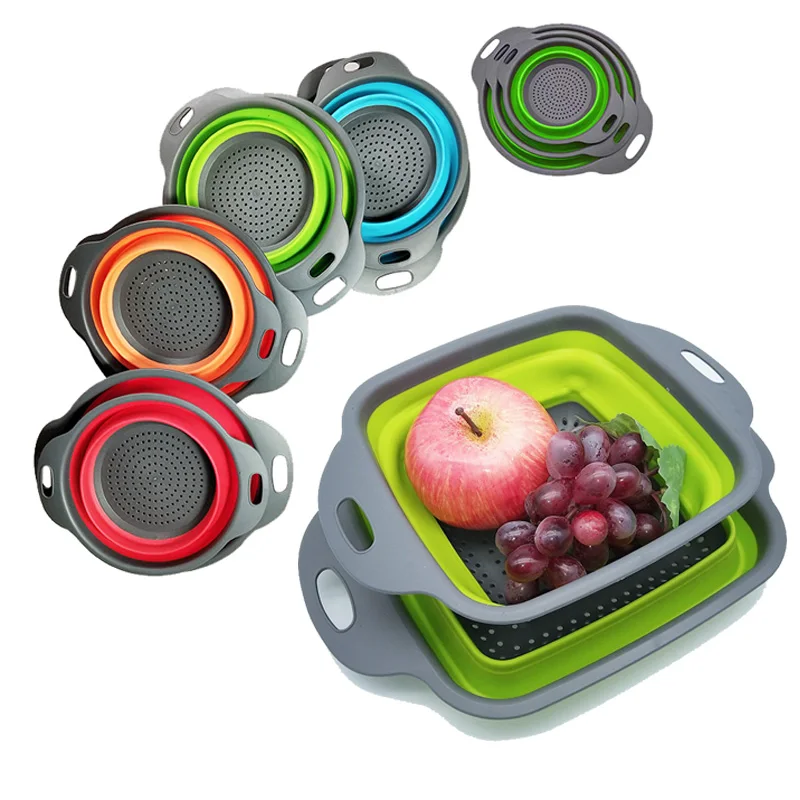 1/2pcs Silicone Round Folding Vegetable Fruits Washing Drain Basket Colander Strainer Collapsible Drainer Kitchen Tool