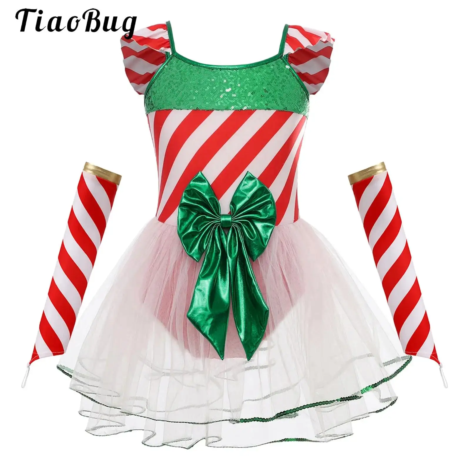 

Girls Christmas Xmas Santa Claus Cosplay Dress Ballet Dance Set Figure Skating Leotard Tutu Dress Candy Cane Performance Costume