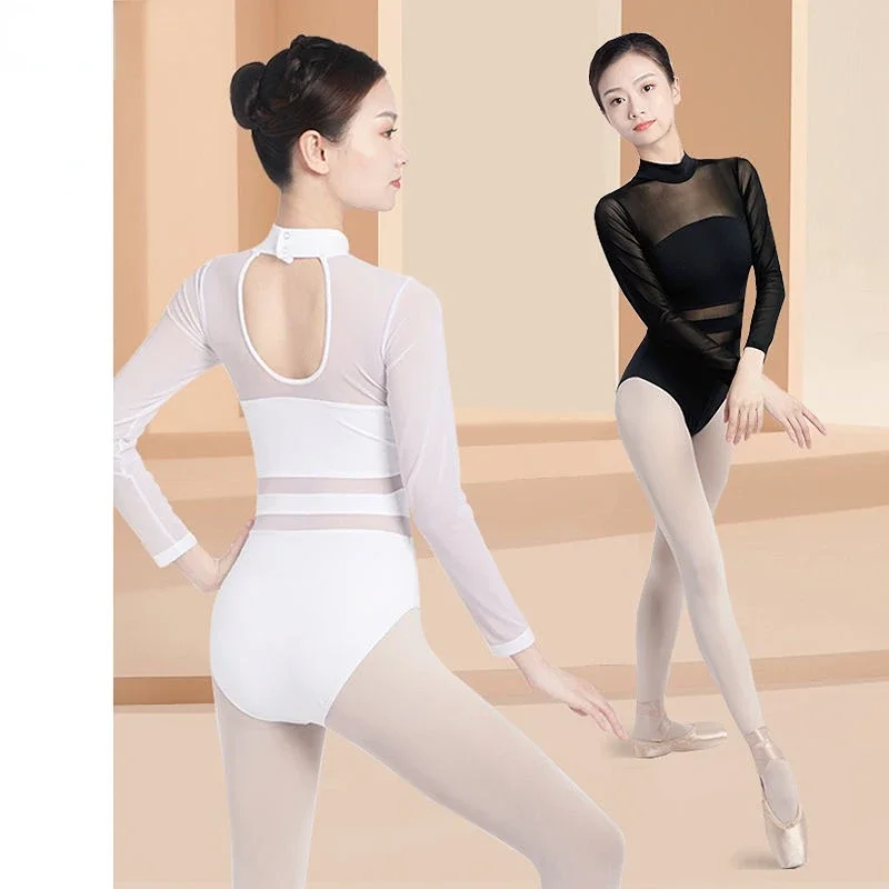 Aerial Yoga Onesie Clothing Gymnastics Leotards Dancewear Female Ballet Costumes Black White Long Sleeve Mesh Splice Ballet