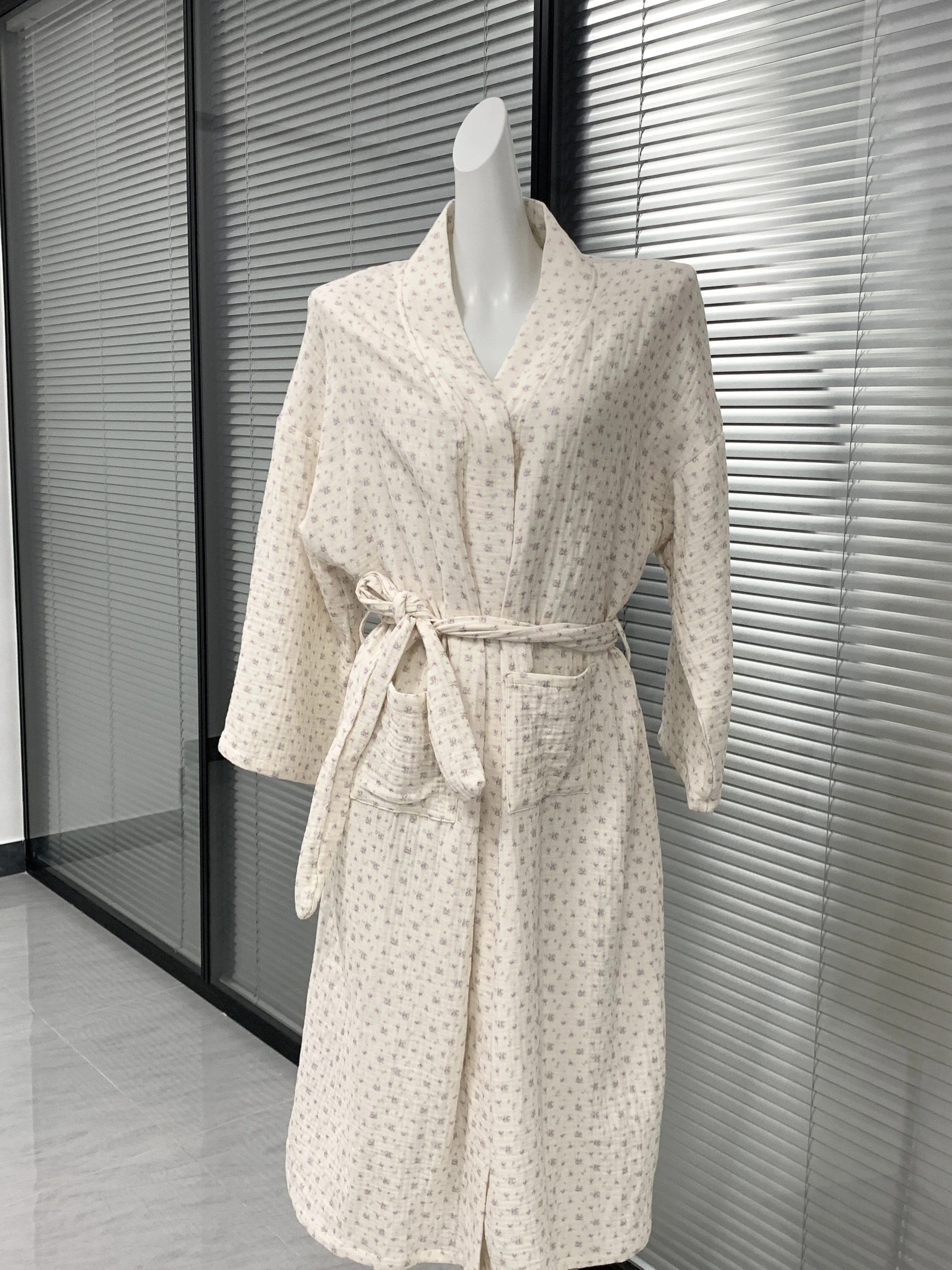 floral-print-cotton-sleepwear-long-loose-home-clothes-women's-bathrobe-robe-three-layers-gauze-sweet-home-comfortable-winter
