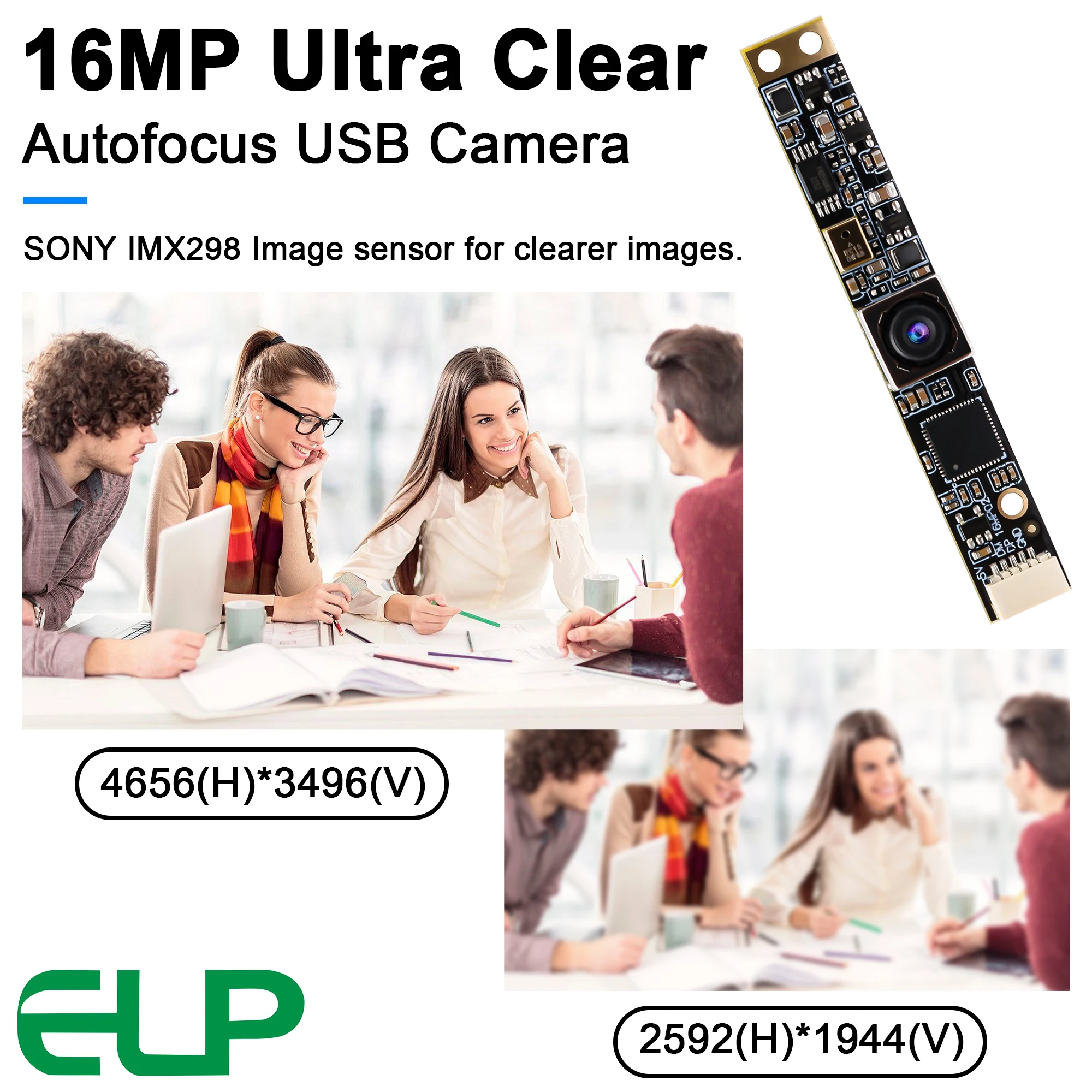 ELP 16MP Autofocus USB Camera Module with Mic No Distortion Lens Ultra HD Webcam Super Mini Audio Video Camera with 68 Degree