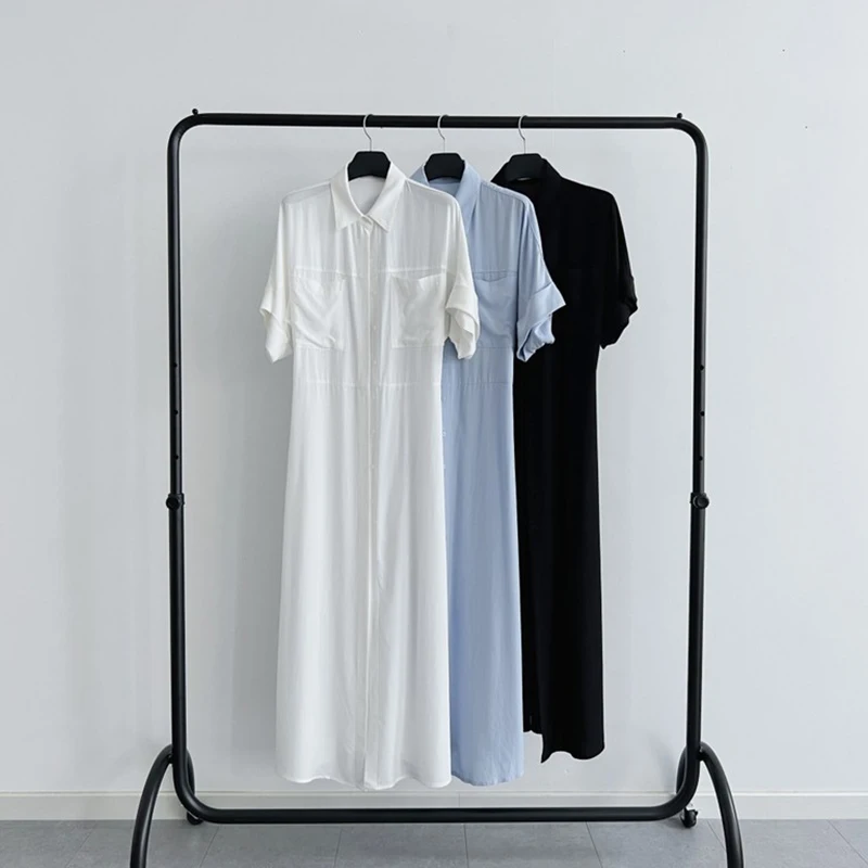 Robe chemise française Chic à manches courtes, col rabattu, coupe cintrée, longue, simple boutonnage, mode dames, robe fine et élégante, été