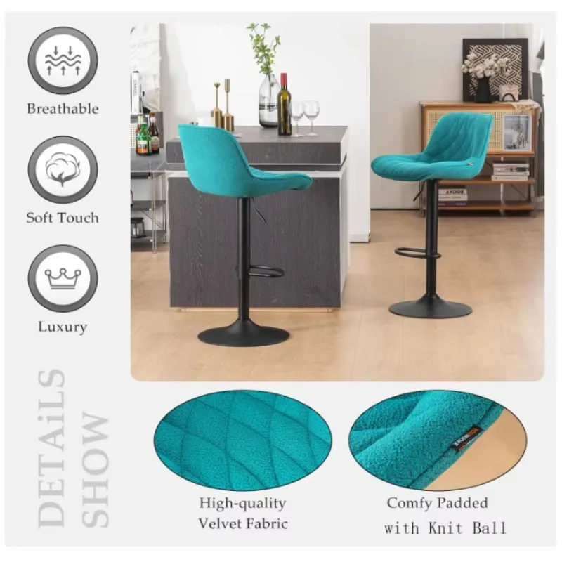 เก้าอี้บาร์ทรงสูงสีเขียวหมุนได้ ปรับระดับได้ หุ้มกำมะหยี่นุ่มแบบเท็ดดี้ ดีไซน์ทันสมัย เหมาะสำหรับร้านอาหารและครัว