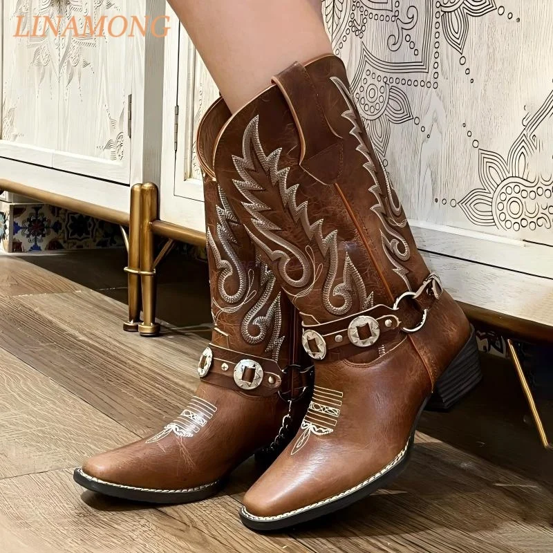 Western Cowboy Tall Boots Leather Ornate Floral Scroll Stitch Concho Buckle Strap Point Toe Elevated Block Heel Casual boots