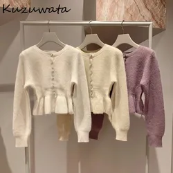 Kuzuwata Lantern Sleeve O Neck Sweet Jumper Fresh Single Breasted Slim Fit Sweaters Japan Knit Casual Elegant Wavy Edge Tops