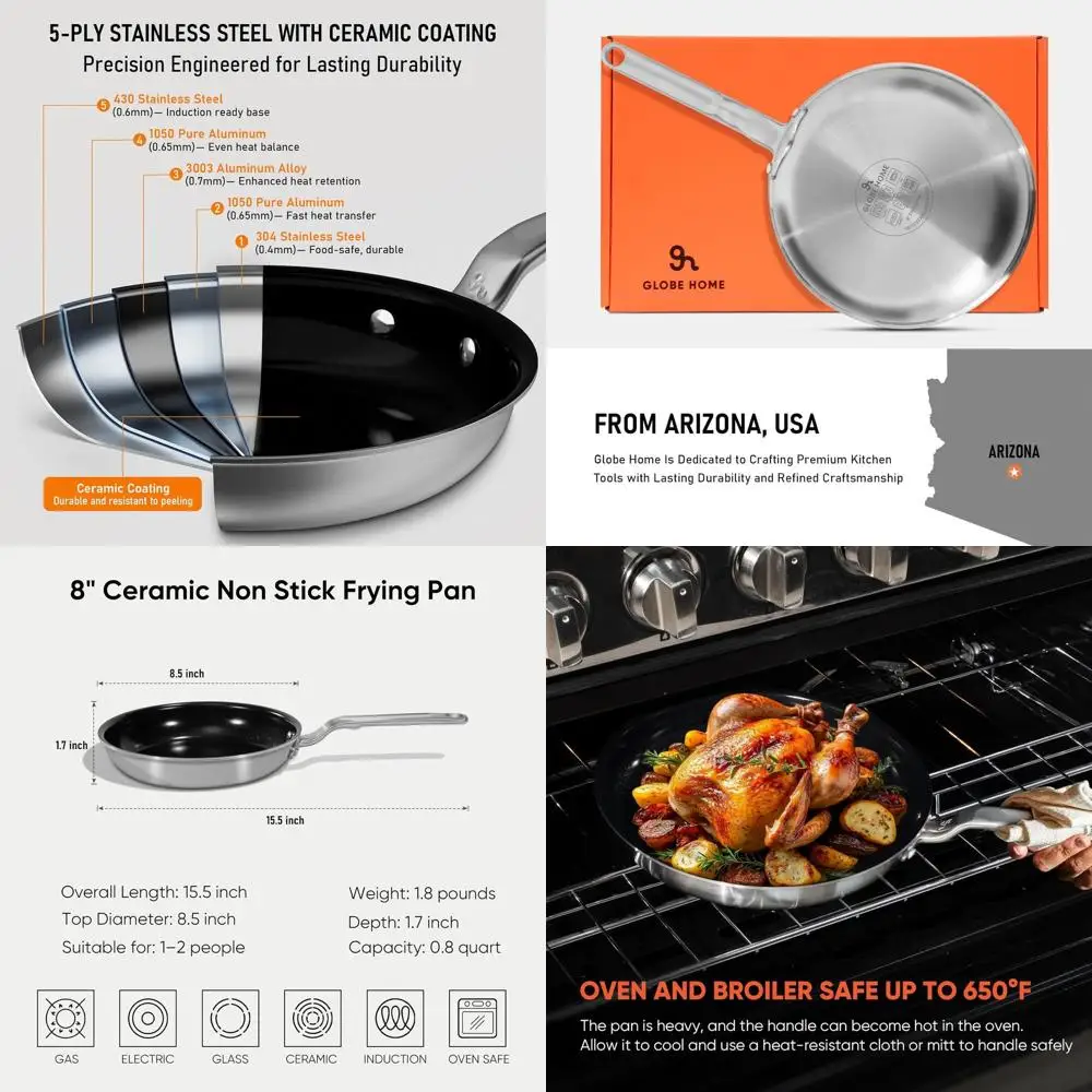

8 Ceramic Nonstick Skillet - 5-Ply Stainless Steel Clad Cookware, Oven-Safe & Induction Compatible