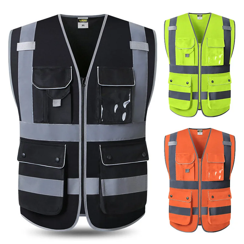 Safety Reflective Vest Construction Building Vest Safety Clothing Work Vest Multi Pockets Black Reflective Vest