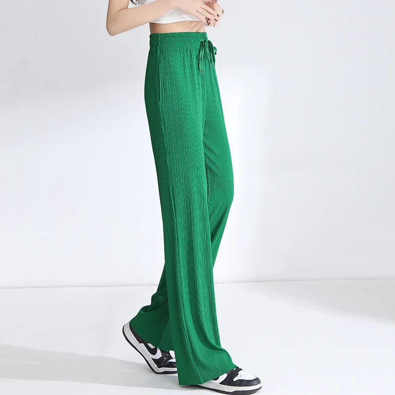 Pantalones verdes de pierna ancha para mujer, pantalón holgado drapeado de cintura alta con cordón, pierna recta informal, mopa The Floo, primavera y otoño, novedad de 2023