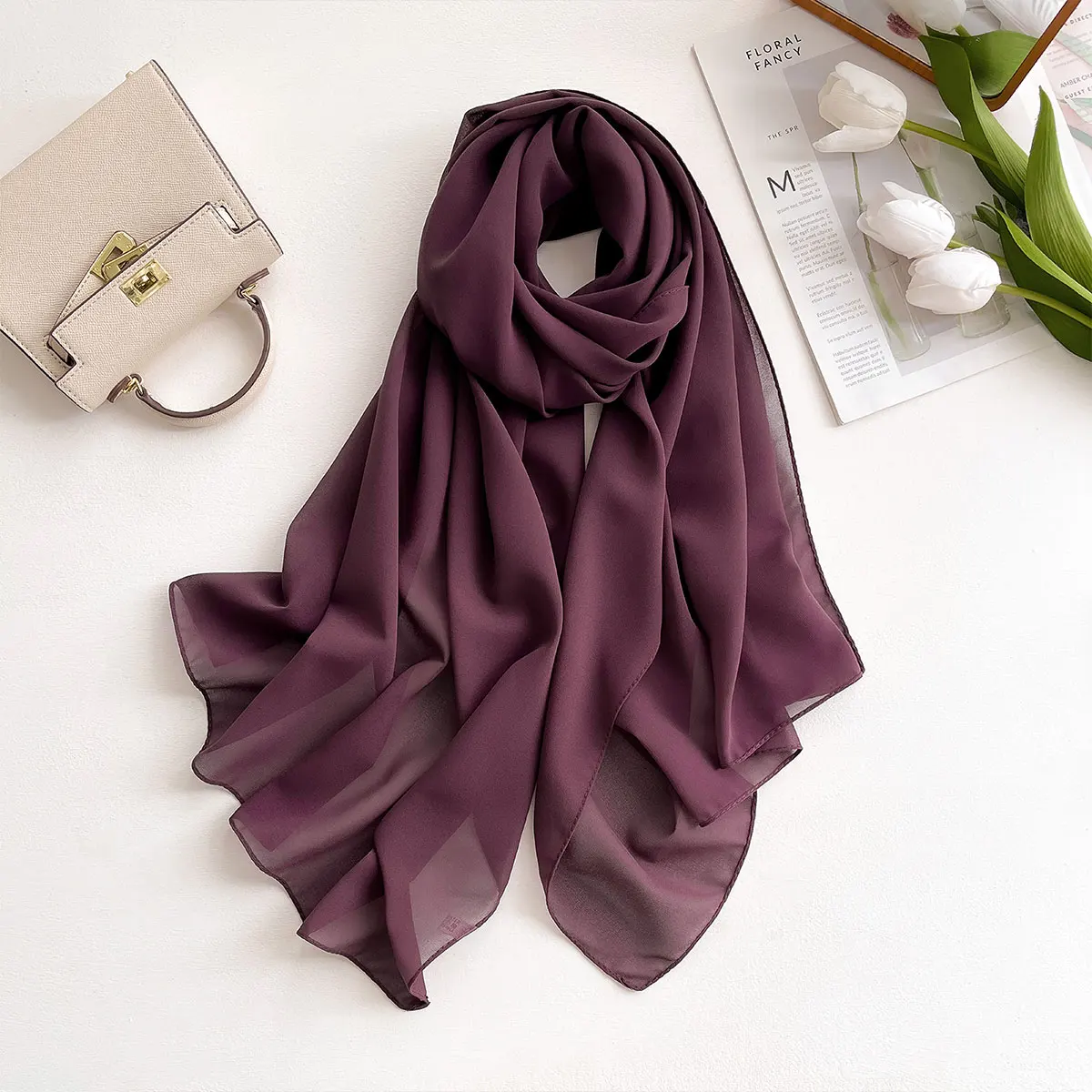 2025 Hijab en Chiffon Premium pour Femme, Hijabs Musulmans en Chiffon, Finitions Soignées, Maxi Wrap, Châles Couleur Unie