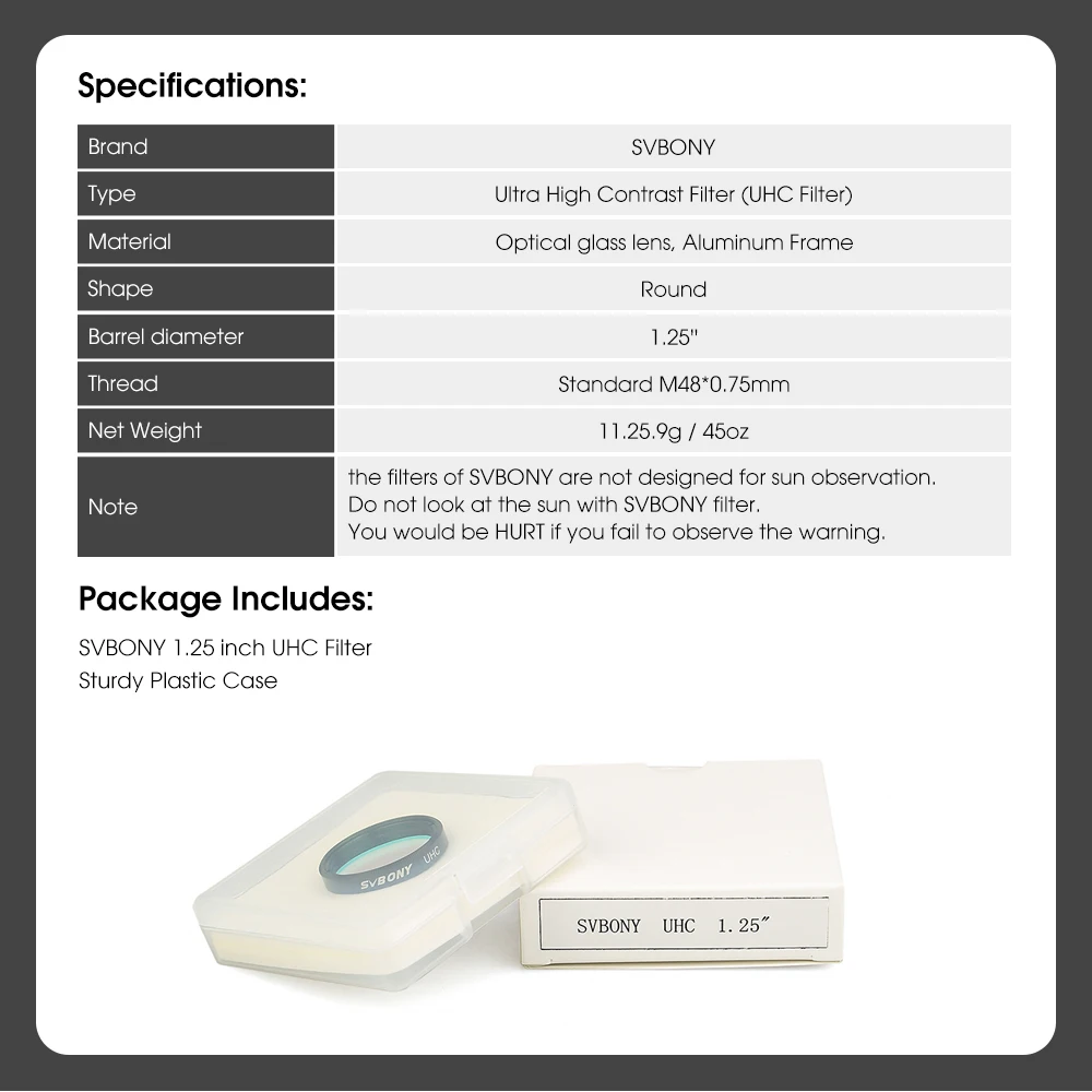 SVBONY Teleskopfilter UHC-Filter Astrofotografie zur Verbesserung des Bildkontrasts reduziert Lichtverschmutzung (1,25 Zoll/2 Zoll) – Detail 8