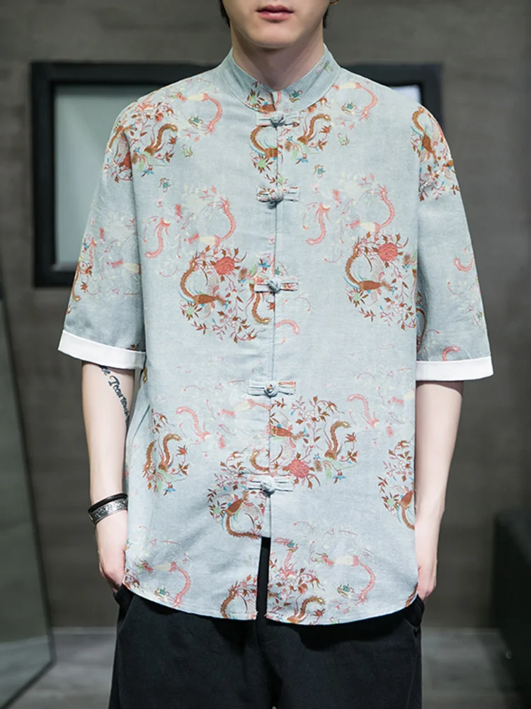 

Повседневная свободная мужская рубашка с коротким рукавом, тонкая, летняя, дышащая, удобная, в китайском стиле, костюм Тан, Ханьфу, модная, стильная