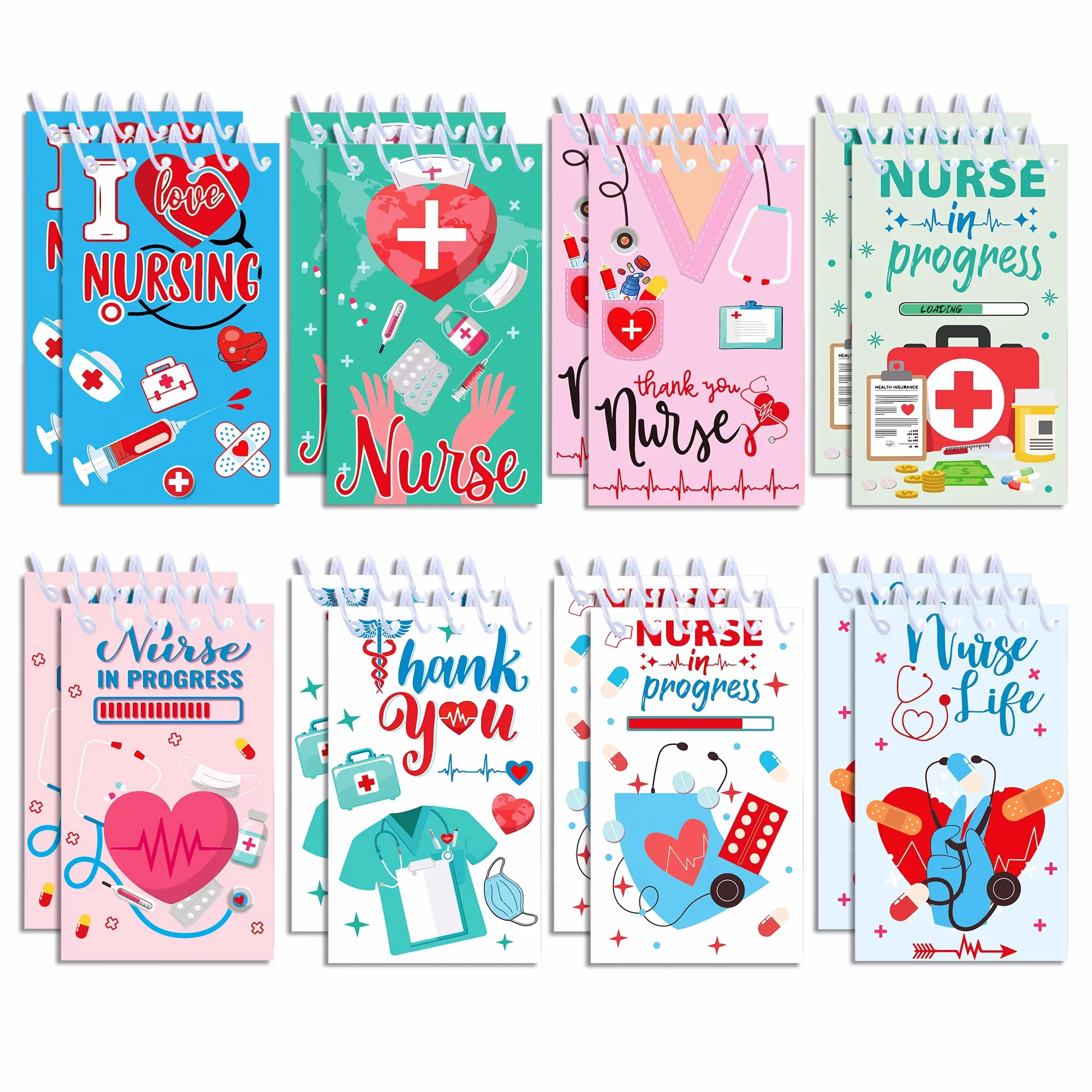 8pcs Nurse Day  Mini Notebook 8 Design Notepads Spiral Pocket Notebooks for Nurse Day Party Decoration