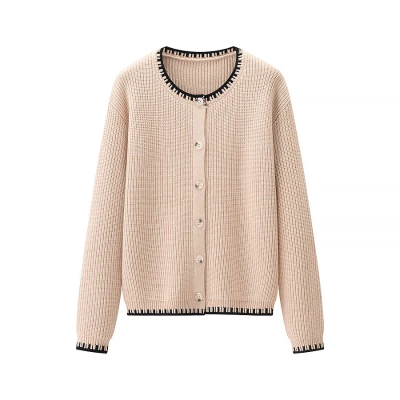 

Round Neck Single Breasted Color Blocked Knitted Cardigan 2025 Spring New Product Sweater Women's Coat Versatile Female Clothing